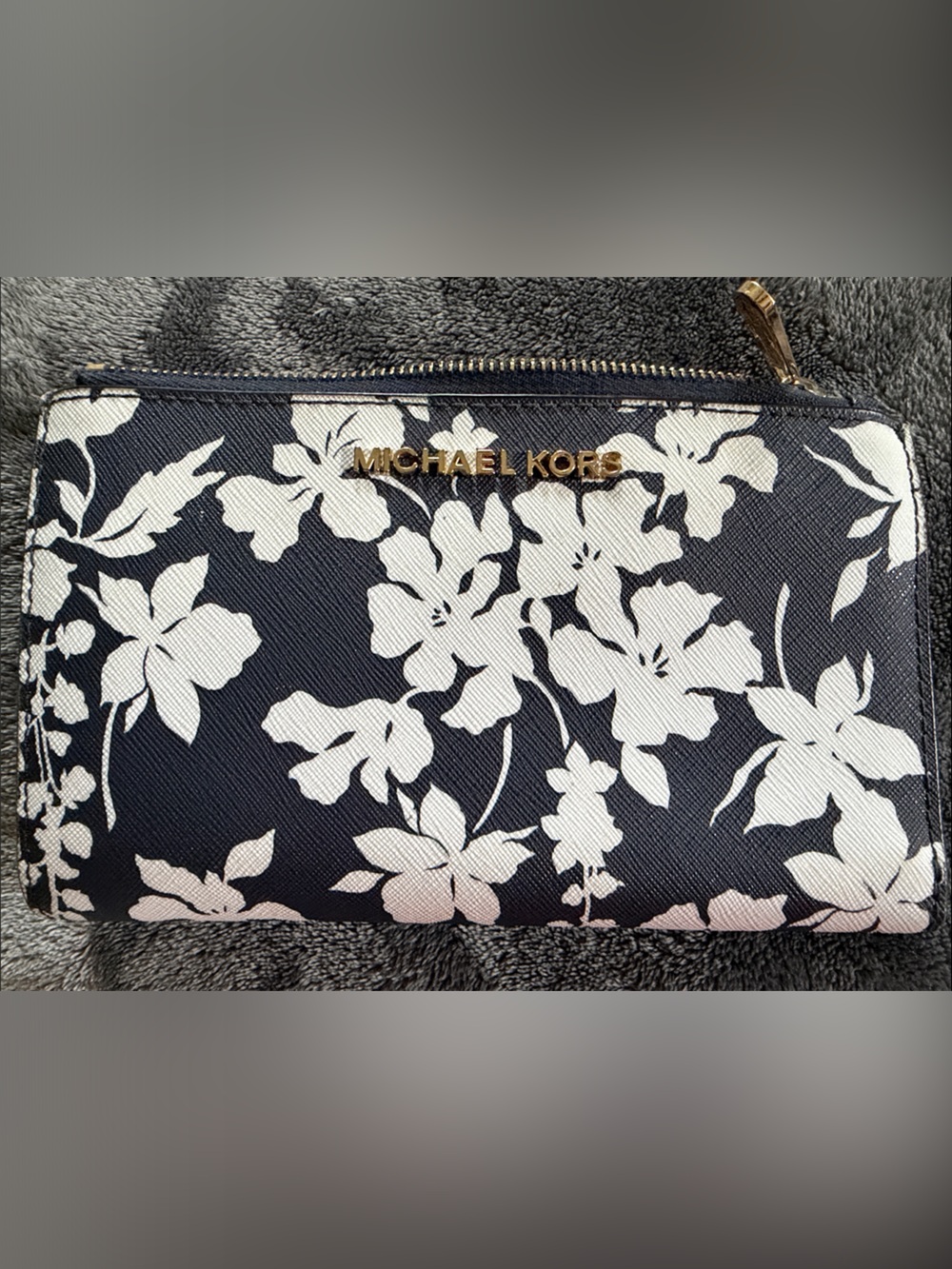 Michael Kors Navy and White Floral Zip-Around Wallet